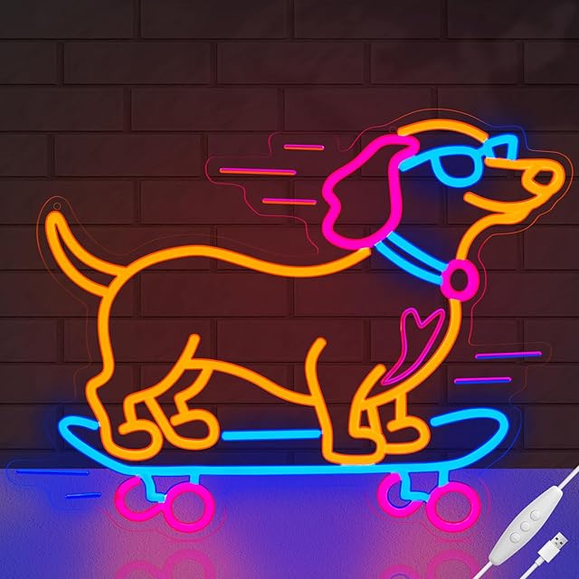 Dachshund Skateboarding Neon Sign, Skateboard Dog Neon Signs for Wall Decor Cool LED Wall Art Decor, Dimmable Dog Lover Gift for Living Room, Bar, Shop, or Birthday Party