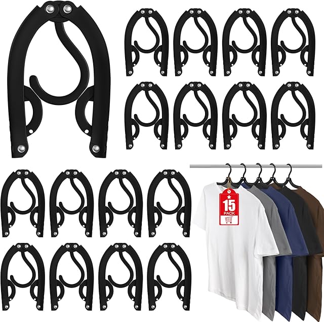 15 Pcs Travel Hangers Portable Foldable Travel Hanger Organizer, Plastic Cruise Ship Accessories Essentials Clothes Hanging Rack Folding Hangers for Traveling Camping Flying RV Europe Suitcase, Black