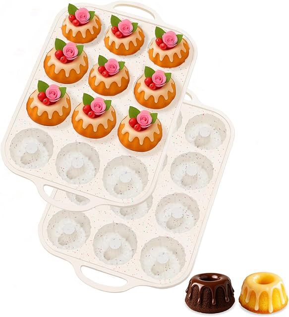 SJ Silicone Mini Fluted Tube Pan with Metal Reinforced Frame, Non-Stick (2PCS), moldes de silicona para gelatina, Small Cake Baking Pan for para chocoflan, Donuts, Cornbread, Brownies, Jellies