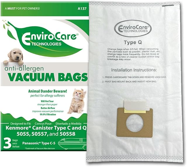 EnviroCare Replacement Allergen Filtration Vacuum Cleaner Dust Bags Designed to fit Kenmore Canister Type C/Q, 50555, 50558, 50557 and Panasonic Type C-5 3 pack