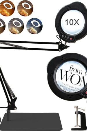 2-in-1 Desk Lamp & Clamp Light, 10X Magnifying Glass with Light and Stand, 5 Color Modes 10 Brightness Dimmable LED Desk Lamp,14.5inch Adjustable Swing Arm for Reading Crafts Painting Close (Black)