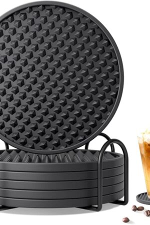 Coga Drink Coasters Set of 6 with Holder, Silicone Coasters Tabletop Protection for Any Table Type, Wood, Stone Tables, Dishwasher Safe, Coasters for Drinks Fits Any Size of Drinking Glasses (Black)