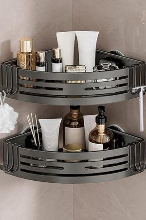 Conworld Corner Shower Caddy Suction Cups, Corner Shower Shelf for Inside Shower, Organizer Suction for Bathrooms Storage, No-Drilling Removable (Aluminum, 2-Pack, Gunmetal Gray)