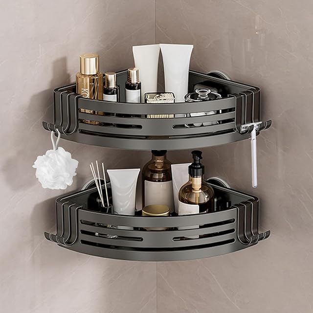 Conworld Corner Shower Caddy Suction Cups, Corner Shower Shelf for Inside Shower, Organizer Suction for Bathrooms Storage, No-Drilling Removable (Aluminum, 2-Pack, Gunmetal Gray)