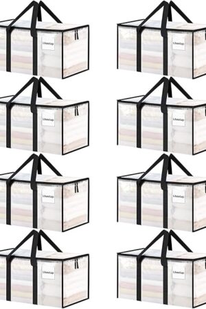 8 Pack Extra Large Heavy Duty Moving Bags, Clear Storage Bins with Lids, Reinforced Handles & Heavy-Duty Zippers Moving Boxes Storage Bags Totes for Clothes Packing, Dorms, College Supplies, Clear