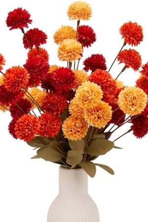 12 Pcs 20" Faux Kiku Flowers Fall Flowers Artificial for Decoration Burnt Orange Autumn Floral Stems Assorted Silk Mums Balls for Vase Home Decor Arrangement Table