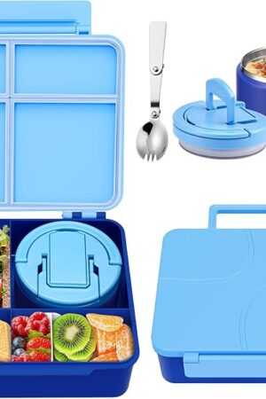Bento Lunch Box for Kids with 8oz Soup Thermo,Kids Leakproof Lunch Food Containers with 4 Compartment,Kid Insulated Thermo Hot Food Jar for School,Trvael-Blue