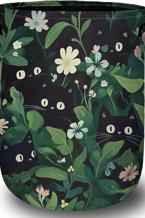 Black Cat in Greenery Laundry Basket with Sturdy Handles, Cute Cat Leaves Flower Collapsible Oxford Cloth Laundry Hamper Organizer Basket for Bathroom Bedroom 15.7x20 Inch