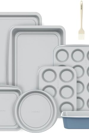 CAROTE 9-Piece Nonstick Stackable Baking Pans Set - Bakeware Sets Including Cookie Sheets for Baking, Muffin Pan, Bread Pan, Cake pan, Loaf Pan, Roasting Pan, Gray & Blue