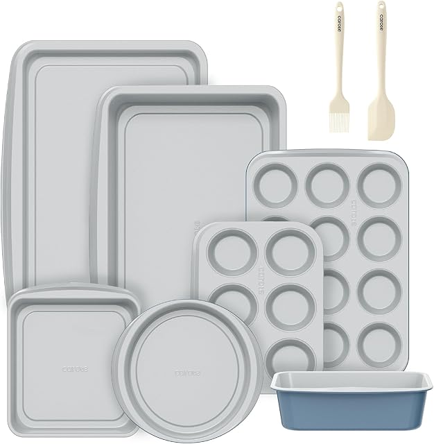 CAROTE 9-Piece Nonstick Stackable Baking Pans Set - Bakeware Sets Including Cookie Sheets for Baking, Muffin Pan, Bread Pan, Cake pan, Loaf Pan, Roasting Pan, Gray & Blue