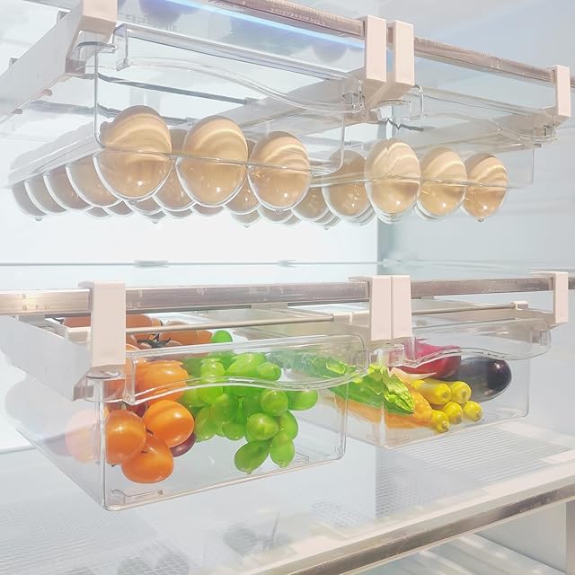 URALFA Fridge Drawer Organizer, Adjustable Refrigerator Drawers for Fruit and Vegetable, Pull Out with Handle, Shelf Holder Storage Box, Fit for Fridge Shelf Under 1.1"