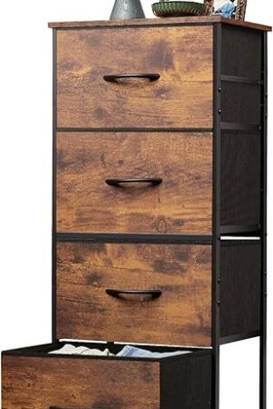 WLIVE Dresser with 4 Drawers, Fabric Storage Tower, Organizer Unit for Bedroom, Hallway, Entryway, Closets, Sturdy Steel Frame, Wood Top, Easy Pull Handle, Rustic Brown Wood Grain Print
