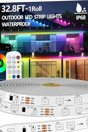 32.8FT Outdoor LED Strip Light Waterproof,IP68 Outside RGB+IC Light Strip with App/Remote Control,Chase Mode,Music Sync Rope Light for Balcony,Deck,Rooftop,Garden,Pool