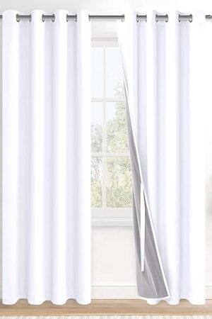 XWZO 100% Blackout Curtains 2 Panels with Tiebacks- Heat and Full Light Blocking Window Treatment with Black Liner for Bedroom/Nursery, Grommet Top, White, W52 x L84 Inches Long, Set of 2