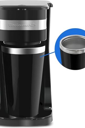 Elite Gourmet EHC111A Personal Single-Serve Compact Coffee Maker Brewer Includes 14Oz. Stainless Steel Interior Thermal Travel Mug, Compatible with Coffee Grounds, Reusable Filter, Black