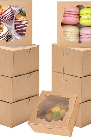 50pcs Cookie Boxes with Window Bakery Boxes Small Treat Boxes Mini Pie Boxes Pastry Boxes 4x4x2.5in(Brown)