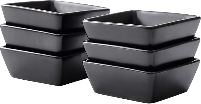 Bruntmor Black Ceramic Square Baking Ramekins For Soufflé, Crème Brulee, Jams, Dipping Sauces, French Onion Soup Oven Safe, Appetizer Sauce Dipping Bowls, (4 Oz, Set Of 6)