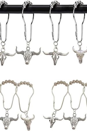 Cow Shower Curtain Hooks Rings,12Pcs Rustproof Stainless Steel Bull Skulls Pendants Accessories,Western Wildlife Farmhouse Rustic Farm Style Decorative Home Bathroom