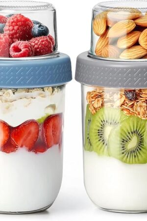2 Pack 16 OZ Overnight Oats Containers with Lids, Dual-Layer Glass Meal Prep with Dry and Wet Separation, Airtight Food Jars for Oatmeal Yogurt Parfait Cups Cereal Nut Fruit