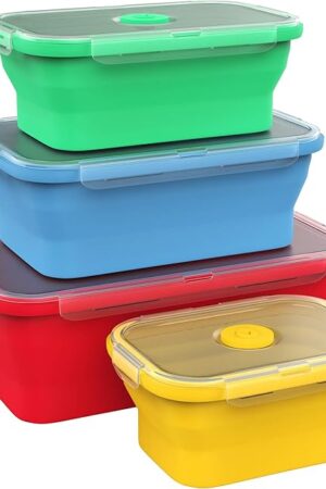 Vremi Silicone Food Storage Containers with BPA Free Airtight Plastic Lids - Set of 4 Small and Large Collapsible Meal Prep Container for Kitchen Lunch Boxes - Microwave and Freezer Safe