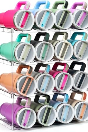 Design for Stanley 40 OZ & Large Bottles & Tumblers with Handle - Acrylic Water Bottle Organizer - Stackable Clear Wine Rack Cup Holder for Home Kitchen Pantry Shelf Countertop Cabinet, 4 Tier Hold 16