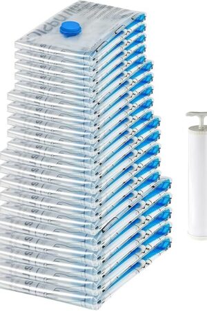 Amazon Basics Vacuum Compression Space Saving Storage Bags with Hand Pump for Travel, Multiple Sizes for Clothes and Blankets, Clear, 20 Pack (5 Small, 5 Medium, 5 Large & 5 Jumbo)
