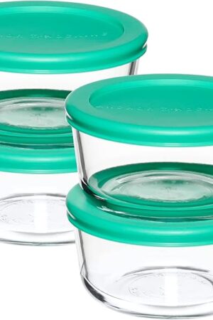 Anchor Hocking 2 Cup Glass Storage Containers with Lids, Set of 4 Glass Food Storage Containers with Mint SnugFit Lids