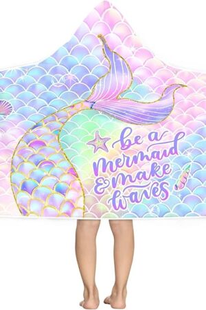 Bonsai Tree Mermaid Beach Towel Mermaid Tail Towel Kids Bath Hooded Poncho 30" x 50" Microfiber Bath Poncho