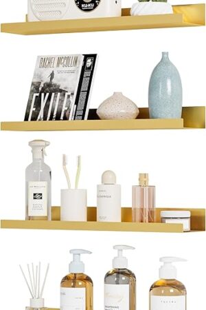 4 Pack Metal Floating Shelves for Wall Storage, Gold Hanging Shelves for Living Room/Kitchen/Bedroom/Bathroom Decor, Set of 4 Organizer for Display, Book & Perfume Shelf Wall Mounted
