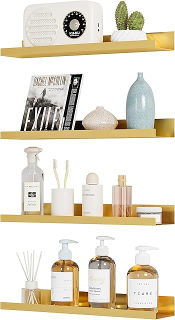 4 Pack Metal Floating Shelves for Wall Storage, Gold Hanging Shelves for Living Room/Kitchen/Bedroom/Bathroom Decor, Set of 4 Organizer for Display, Book & Perfume Shelf Wall Mounted