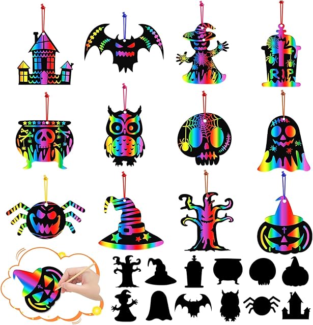 The PARTYWIND Magic Halloween Crafts for Kids Activities, 60 PCS Scratch Paper Art for Halloween Hanging Decorations Ornaments, Scratch Off Cards with Pumpkin/Zombie/Bat, DIY Party Supplies Favors