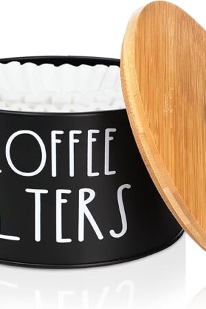 Coffee Filter Holder, Large Capacity Coffee Filter Storage Container with Bamboo Lid, Metal Coffee Filter Dispenser Pod Organizer Basket Accessory for Bar Counter Decor