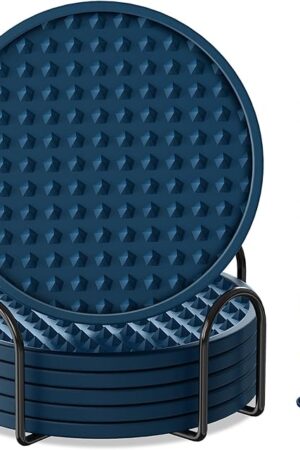 Coasters for Drinks 6 Pack Drink Coasters with Holder,Heat Resistant Silicone Cup Mat Tabletop Protection,Non-Slip Rubber Coaster for Kinds of Cups (Blue)