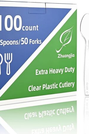 100 Count Plastic Silverware Heavy Duty 50Forks50Spoons | Shatterproof BPA-Free Disposable Cutlery Heat Resistant Disposable Plastic Utensils for Catering & Events, Party Supplies