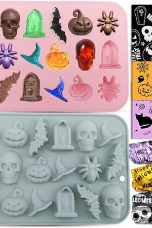 2-Pack Halloween Chocolate Molds, 18-Cavity Spider Skull Silicone Molds + 60 Foil Wrappers – DIY Candy, Chocolate & Treats