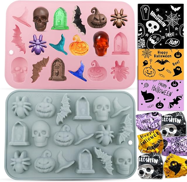 2-Pack Halloween Chocolate Molds, 18-Cavity Spider Skull Silicone Molds + 60 Foil Wrappers – DIY Candy, Chocolate & Treats