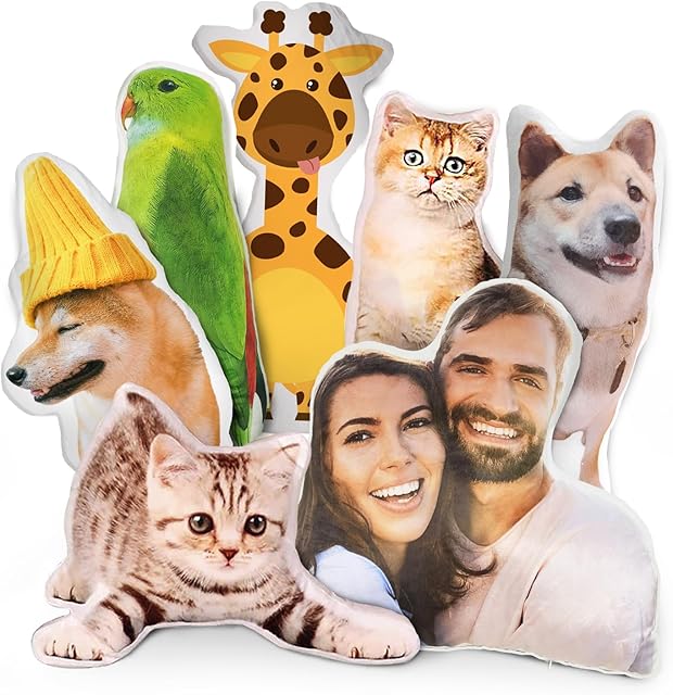 Custom Pet Pillow with Picture, Personalized Photo Dog Cat Face Shaped Pillow, Customized Stuffed Animal Pictures Pillows Memorial Loss Sympathy Gifts - 12"