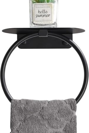 APLusee Matte Black Bath Towel Ring with Shelf, Stainless Steel Towel Holder, Wall Mount