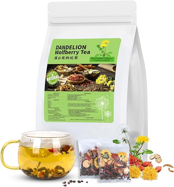 Dandelion Wolfberry Organic Tea, 1 Pack/12 Bags, Chinese Herbs | Supports Kidney & Liver | Traditional Seven Herbs | Dandelion Root Tea Bags