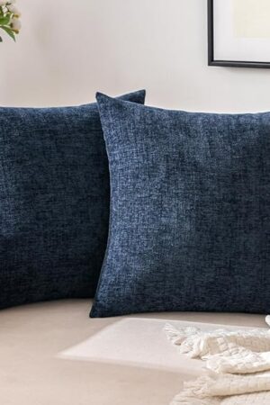 EMEMA Square Throw Pillow Covers 20"x20" Inch Set of 2 Decorative Couch Pillow Covers Chenille Modern Solid Pillowcases for Sofa Bedroom Navy Blue 50x50CM(Only Covers)