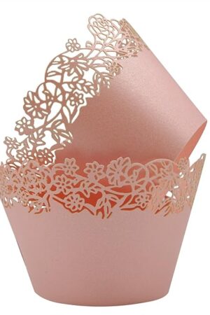 Cupcake Wrappers Pack of 50 Pink Filigree Artistic Bake Cake Paper Cups Little Vine Lace Laser Cut Liner Baking Cup Muffin Case Trays for Wedding Party Birthday Decoration -By KEIVA