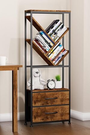 7-Tier Tree Bookshelf with Drawer, Industrial Bookshelves for Small Spaces, Floor Standing Bookcase with storage for CDs, Movies, Books, Corner Display Shelf for Living Room, Bedroom, Home Office