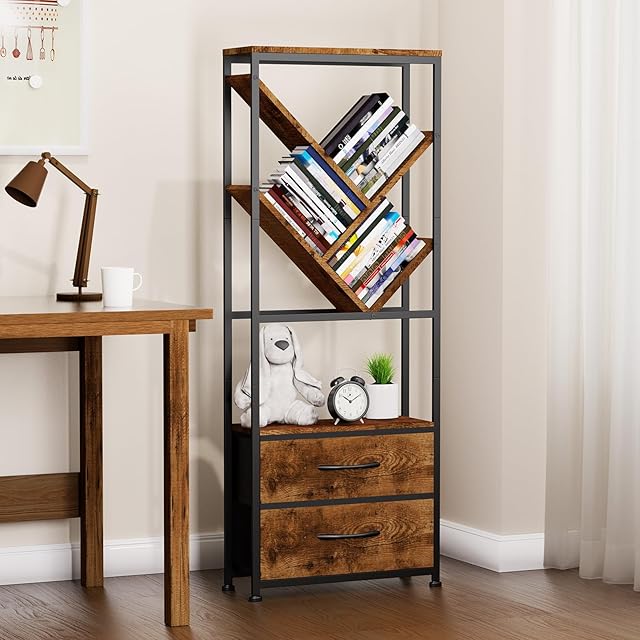 7-Tier Tree Bookshelf with Drawer, Industrial Bookshelves for Small Spaces, Floor Standing Bookcase with storage for CDs, Movies, Books, Corner Display Shelf for Living Room, Bedroom, Home Office