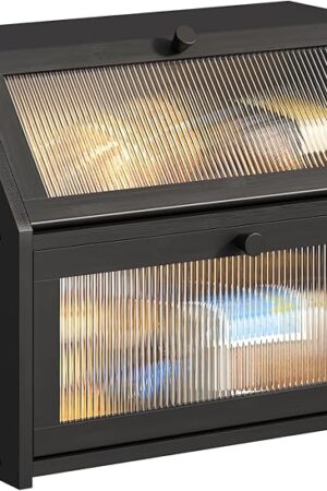 BMOSU Large Bread Box for Kitchen Countertop,Double Layer Bread Box for Kitchen Counter,Bamboo Wood Bread box Capacity Bin Storage(Black)