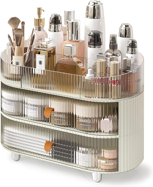 Makeup Organizer with 2 Drawers and 1 Clear Tray, Stackable Cosmetic Organizers and Skincare Storage box for Vanity and Countertop