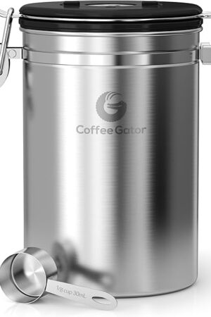 Coffee Gator Coffee Canister - 22oz, Airtight Stainless Steel Kitchen Food Storage Container with Date Tracker, Scoop for Grounds Coffee Bar Accessories, Beans, Tea, Sugar, Flour, Cereal - Silver
