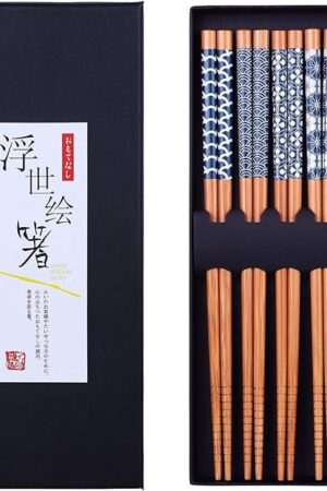 Antner 5 Pairs Natural Bamboo Chopsticks Reusable Classic Japanese Style Chop Sticks Gift Sets, Dishwasher Safe, 8.8 Inch/22.5cm