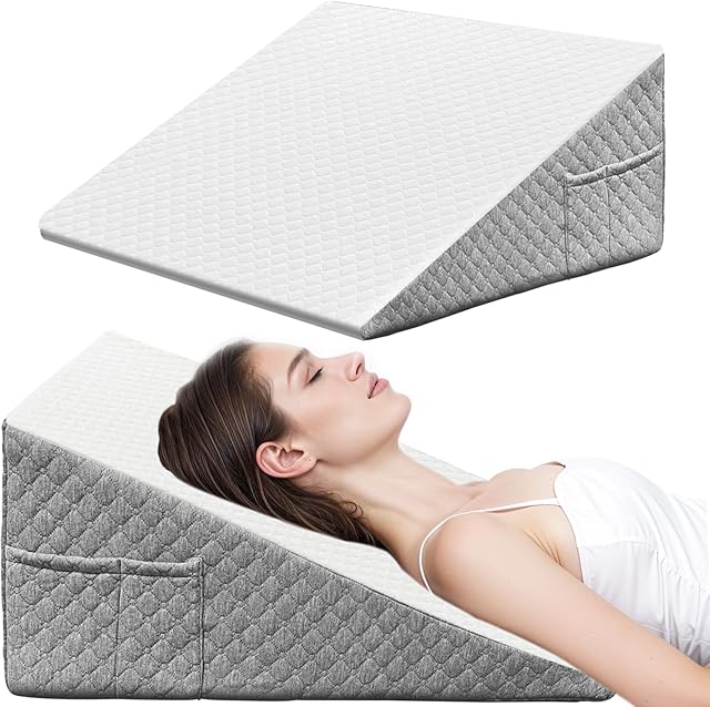 Wedge Pillow, 10 Inch Bed Wedge Pillow for Headboard, Pillow Wedge for Acid Reflux Relief, After Surgery, Sleeping,Back Pain Relief, Memory Foam Top, LightGrey