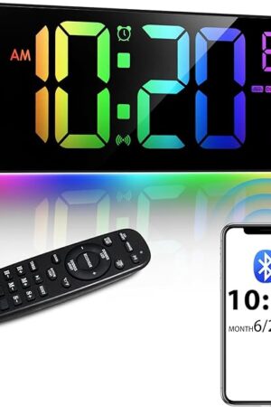 16" Bluetooth Large Digital Wall Clock/Auto Time Sync, 10 RGB Colors Digital Clock Large Display with Remote, Auto-Dimming/DST, Calendar, Timer, Alarm, 6 Night Lights Big Clock for Decor