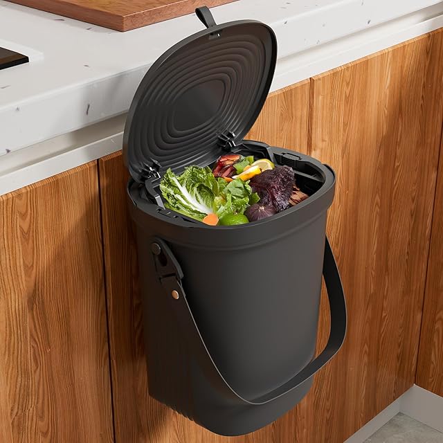 Mountable Kitchen Compost Bin for Counter Top or Under Sink, Hanging Trash Can with Lid for |Cupboard|Bathroom|Bedroom|Office|Camping, Indoor Compost Bucket, 2 Gallon Black